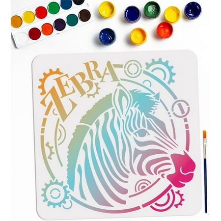 Zebra Gear Stencil Template 11.8×11.8inch Large Zebra Head Stencil Reusable African Wild Animal Drawing Templates with Paint Brush for Furniture Canvas Home Decor DIY Crafts White DIY