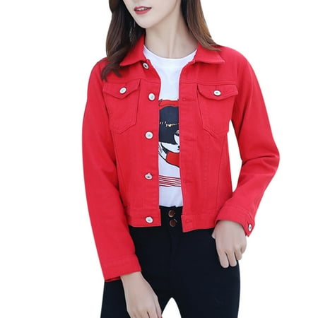 

Trench Coats for Women Winter Jackets for Women Women Trendy Lapel Solid Casual Denim Buttons Blazer Jeans Jacket Cardigan Black Cardigan for Women New Arrival Womens Coat Red 2XL