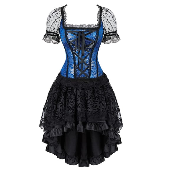 Grebrafan Steampunk Corsets W/Boning Wide Strap Wedding with Tutu Skirt 5XL Blue