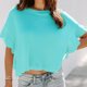 thumbnail image 3 of Top de punto con manga con volantes para mujer, cuello redondo, manga corta, jersey de color puro para verano, azul lago M, 3 of 6