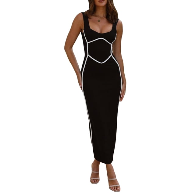 Faithtur Robe Longue Moulante pour Femmes, Patchwork, Sans Manches, Robe Camisole, Été, Dos Nu, Fente, Robe de Soirée