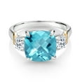 thumbnail image 2 of Gem Stone King 925 Silver and 10K Yellow Gold Swiss Blue Topaz and White Topaz 3 Stone Ring for Women (4.71 Cttw, Gemstone November Birthstone, Cushion Checkerboard 10MM, Round 4MM, Size 5), 2 of 3