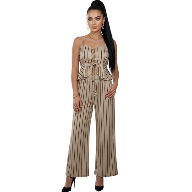 Conjunto para Mujer 2 Piezas Rayado Top Peplum con Tirantes y Pantalón Palazzo Set Elegante Casual de Tela Ligera