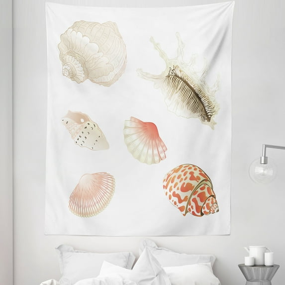 Beach Scene Tapestry, Abstract Digital Illustration of Seashells Ocean Coastal Marine Art, Fabric Wall Hanging Decor for Bedroom Living Room Dorm, 5 Sizes, Beige Coral and White, by Ambesonne