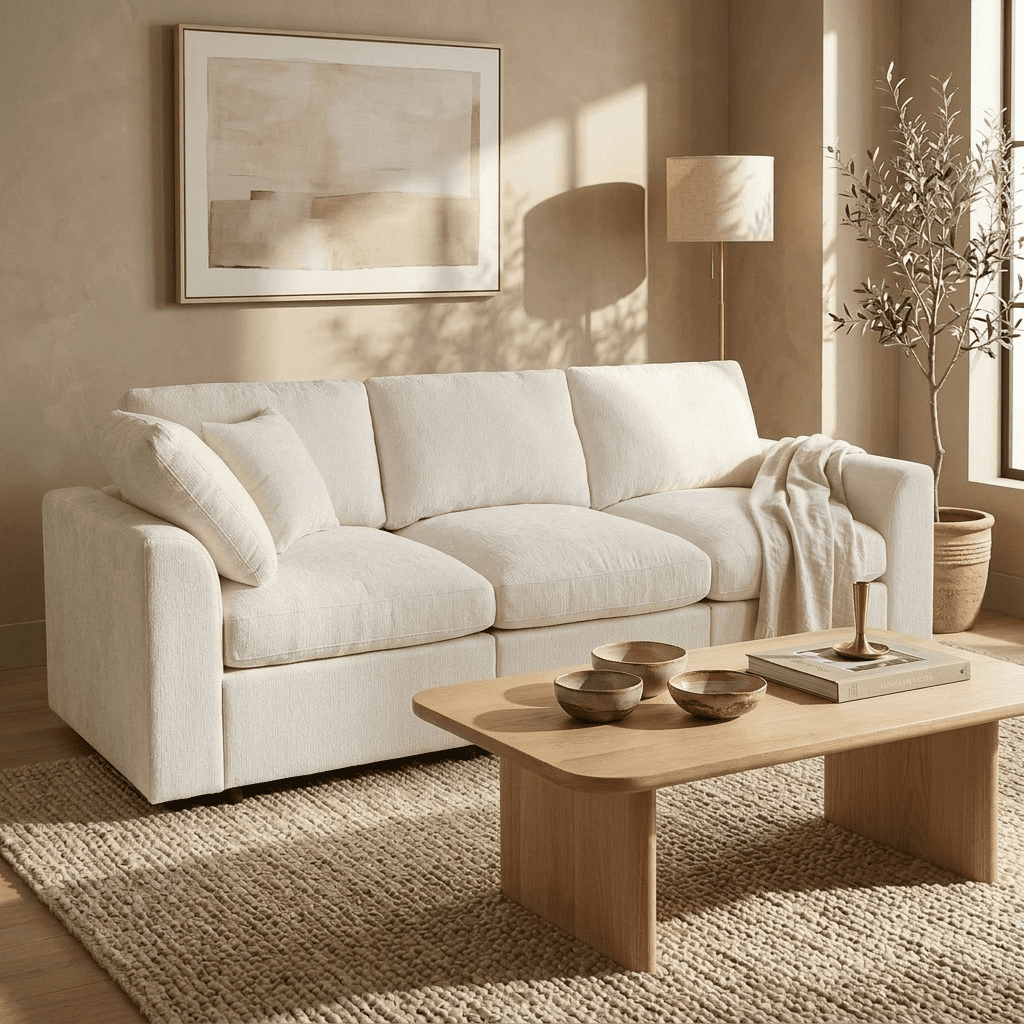 Howcool 101.6"W Modern 3-Seater Modular Sofa,Chenille Upholstered Deep Seating Sofa Couch with Pillows for Living Room,Apartment,Beige