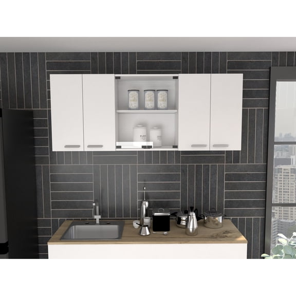 Modern White Wall Cabinet 150" - Two Close Cabinets, Open Shelves, Metal Handles, Built-in Dish Rack Holder Cabinet, For 2 Cabinets And Particle Board,