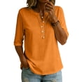 thumbnail image 2 of Women's V Neck 3/4 Sleeve Henley Top, Button Detail Casual Loose Tunic Blouse, Solid Color Elbow Sleeve Shirt for Daily Office Casual Wear 06-Orange S, 2 of 5
