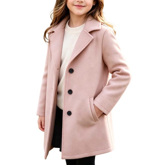 Dursoulink Wool Trench Coat for Kids Notched Lapel Mid-Long Overcoat with Pockets, Sizes 4Y-15Y