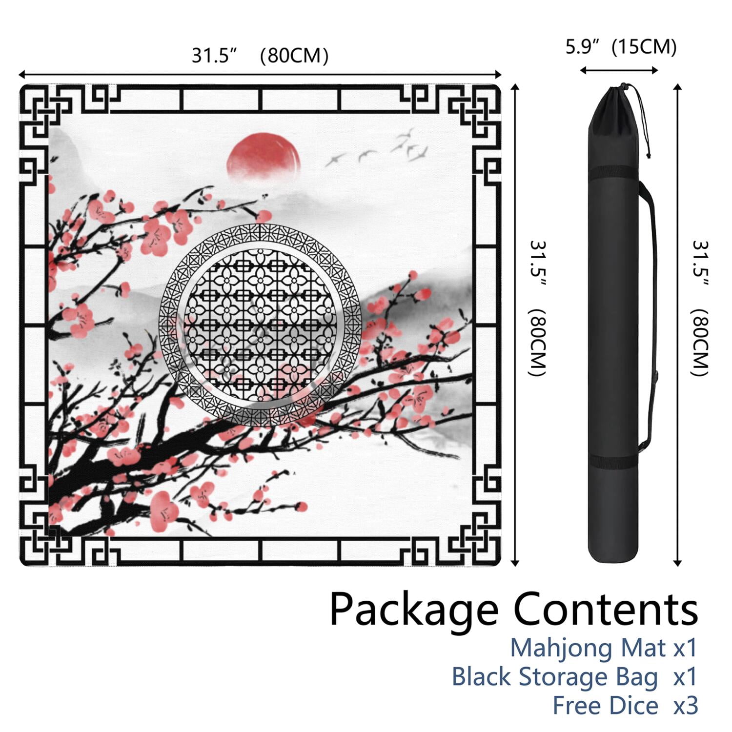 Elegant Mahjong Mat for Table, 31.5*31.5in Anti Slip Mahjong Table Cloth, Noise Reduction, Neoprene Mah jongg Mat with Carrying Bag & 3 Dices, Poker Board Tile Games Mats, Chinese Ink Painting Style