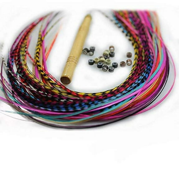 Sexy Sparkles Multicolor Genuine Feather Hair Extension Kit Long Single Feathers with Micro Beads & Hook Tool - 7"-11" - 10 Feathers