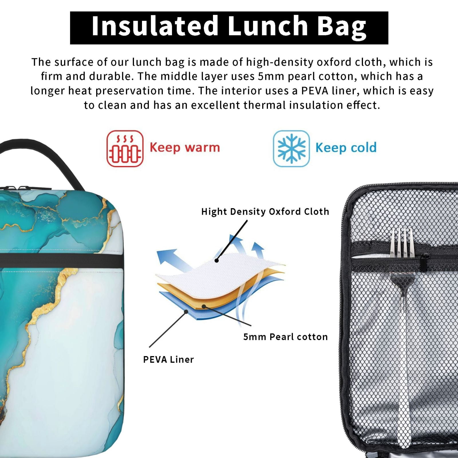 Lunch Bag For Women Men Insulated Portable Lunch Box Bento Box Office Picnic Travel Cooler Bag Skyblue And White Gold Marble