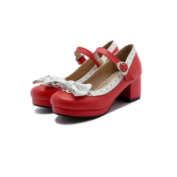 ELFY Women's Cute Lolita Cosplay Shoes Bow Mid Chunky Heel Mary Jane Pumps red 7
