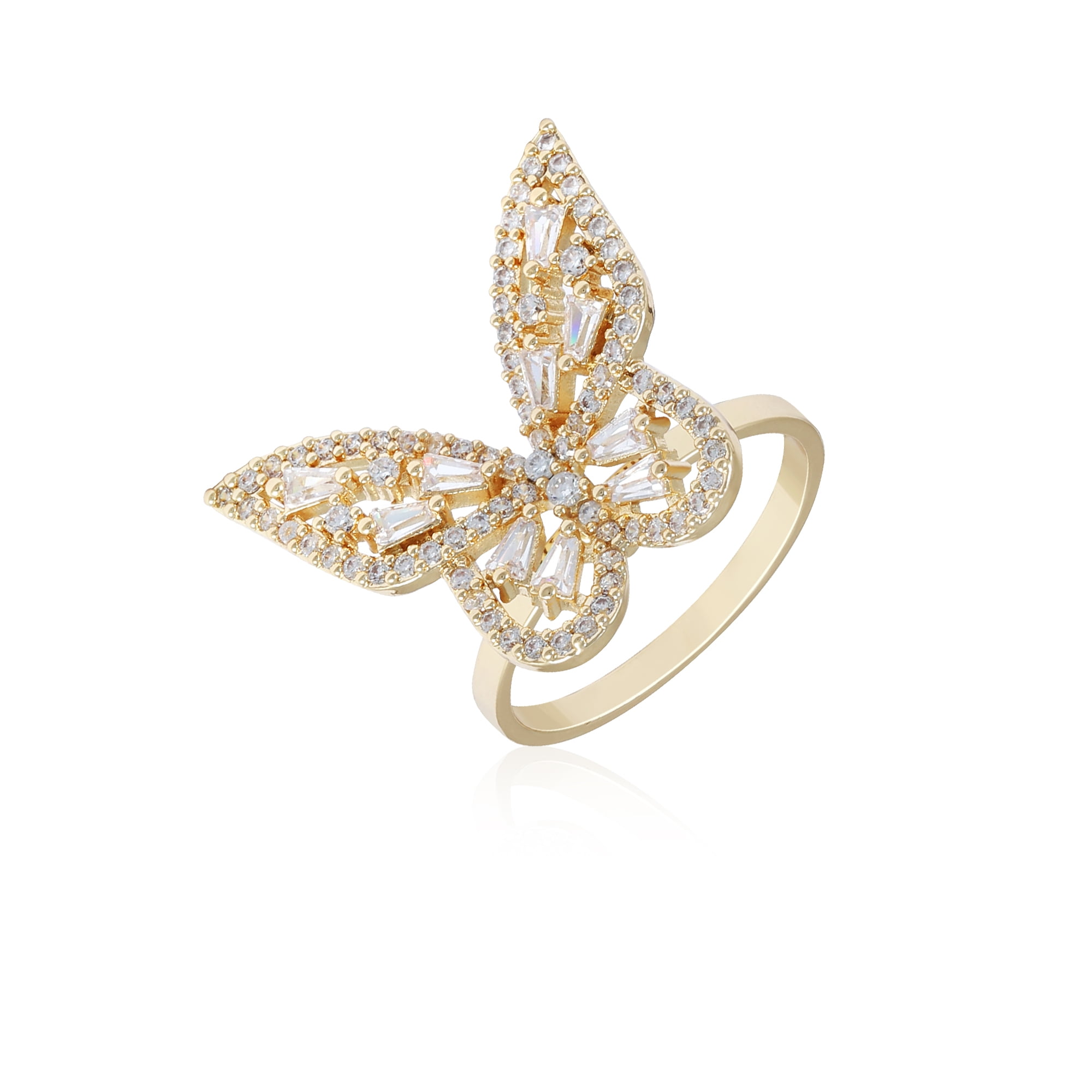 14KT Gold Flash Plated Butterfly Cocktail Ring with Cubic Zirconia Baguette Stones