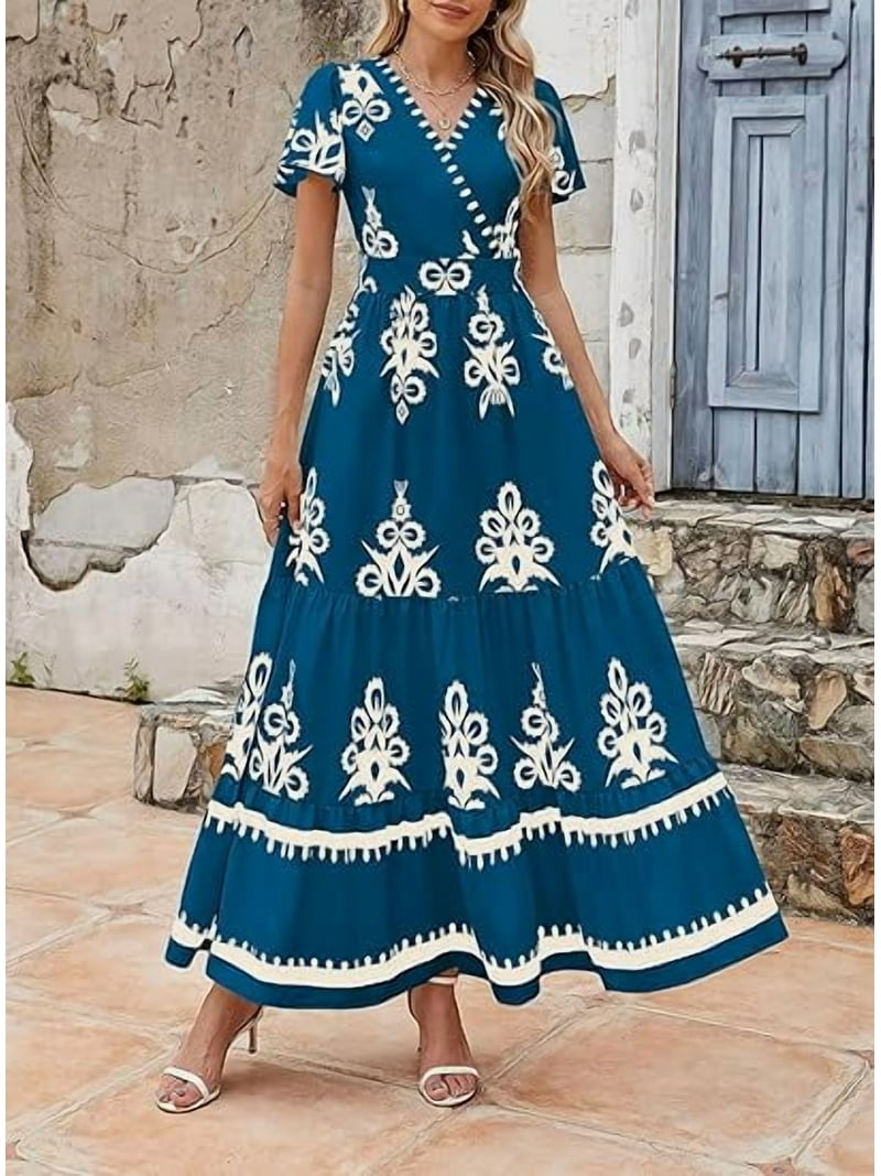 Prettygarden Womens Summer Casual V Neck Boho Maxi Dress Flowy Aline Bell Sleeve Tiered Floral Dresses with Pocket, Women's, Size: 2XL, Blue