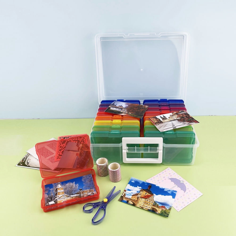 KYAIGUO Photo Storage Box with 16 PCS Color 4*6 Photo Box, Plastic Clear Craft Organizers and Storage with Handle for Photos,Picture