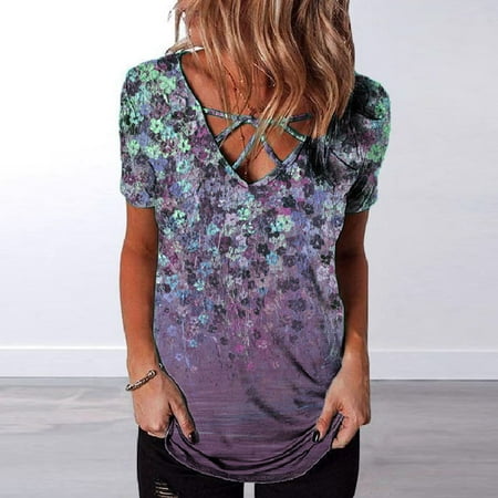 

V Neck Shirt Women Trendy Short Sleeve Top vintage Print Shirts Comfy Soft Blouses for Girl