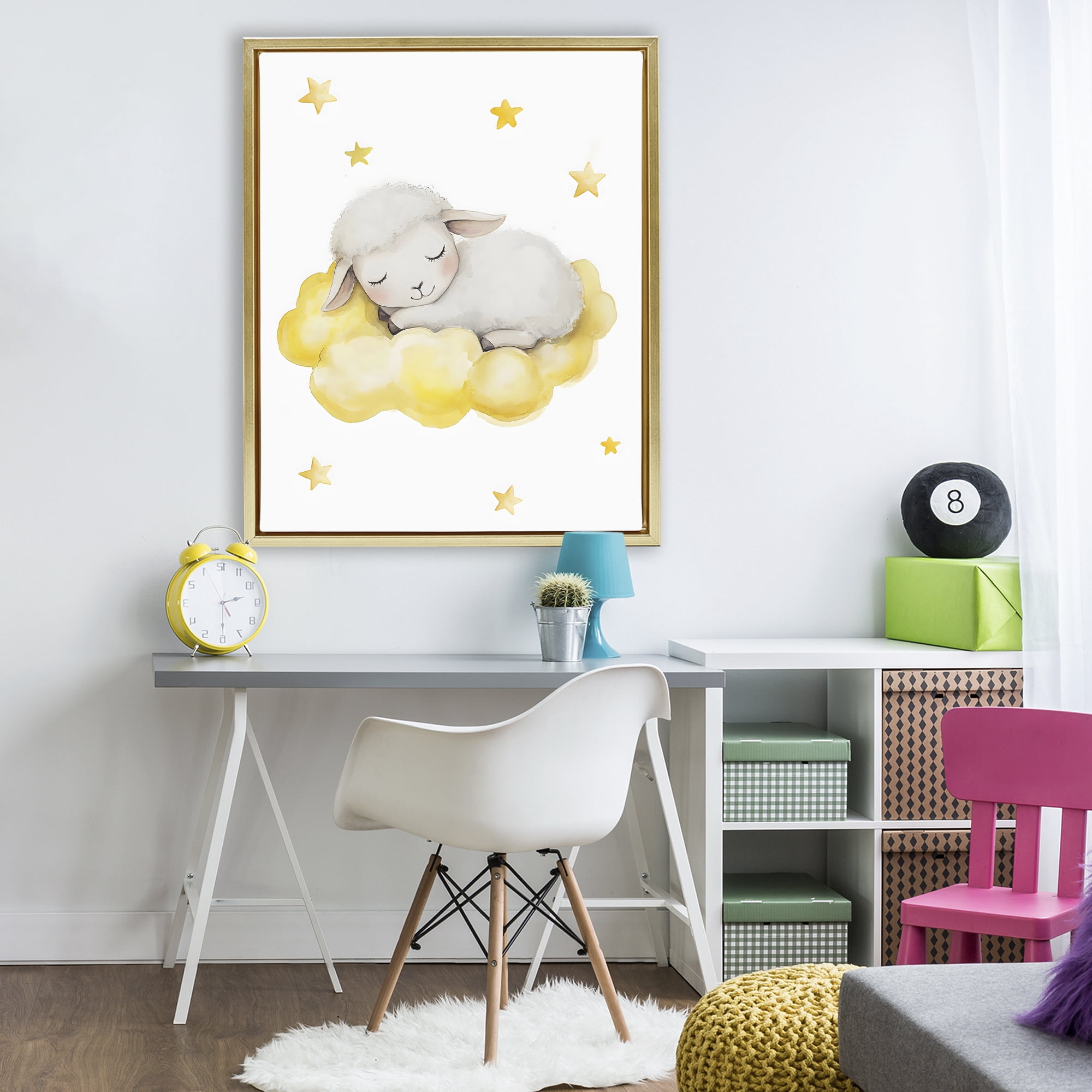Stupell Industries Sleeping Sheep on Yellow Cloud Gold Framed Floater Canvas Wall Art, design by LSR Design Studio