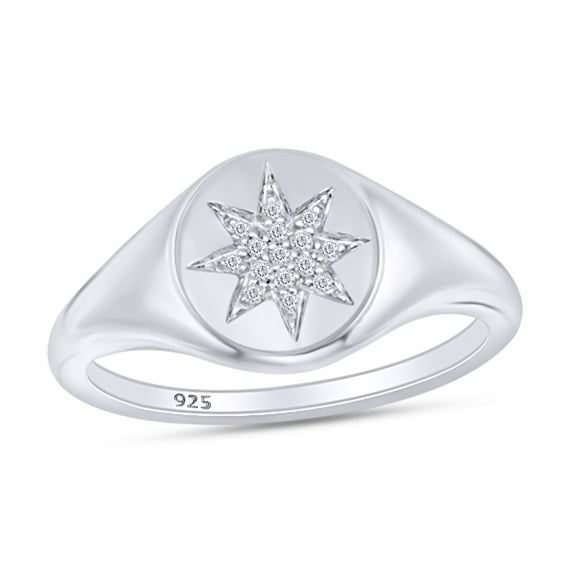 1/20 Carat CT Round Cut Composite Diamond Starburst Signet Engagement Ring In 14k White Gold Over Sterling Silver For Womens Ring Size-5
