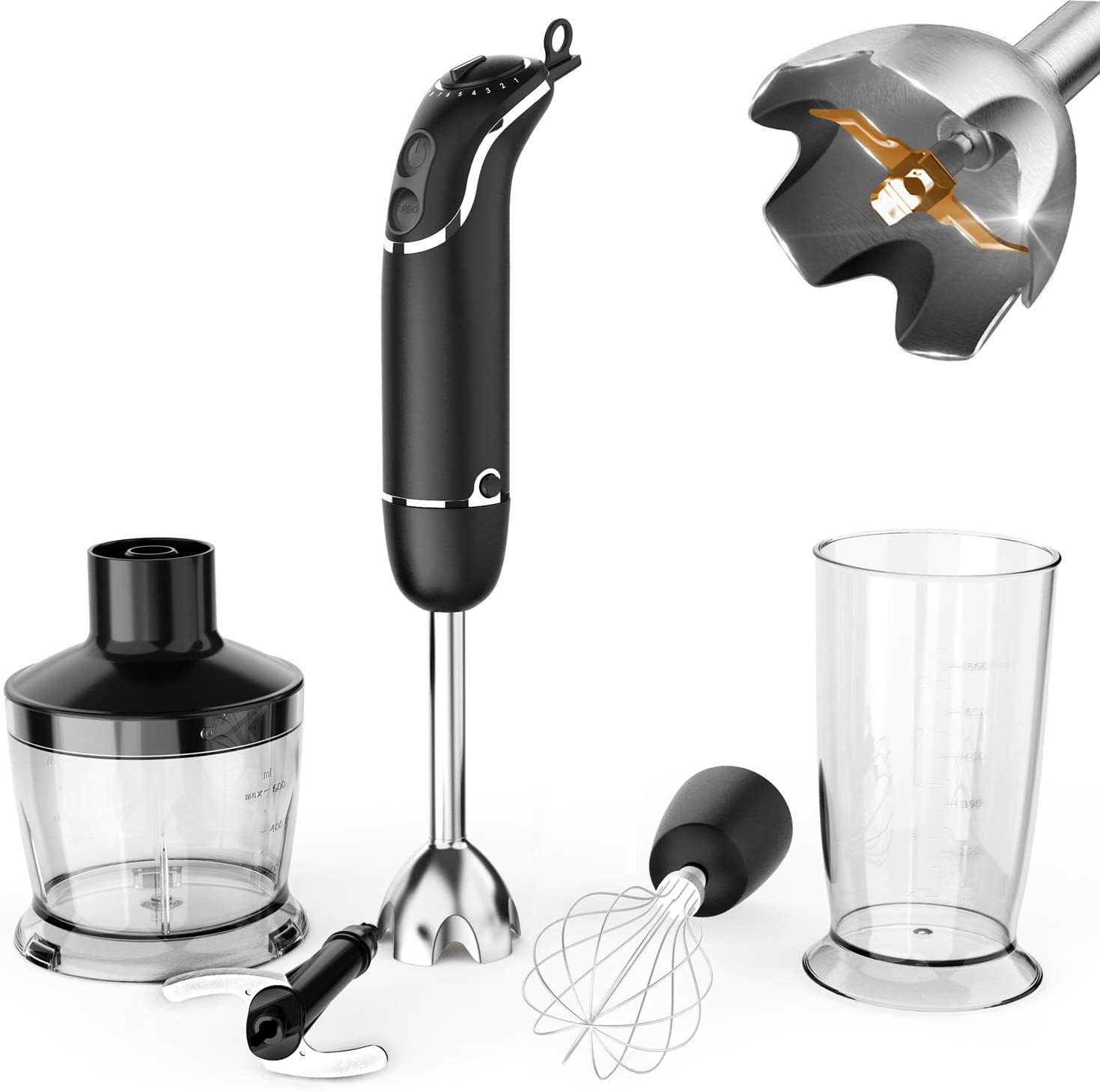 KOIOS Immersion Blender HandHeld for Kitchen in Home Use, 800 Watt 4-in-1 Hand Blender Mixer, Blade, 600ML Mixing Beaker, 500ML Chopper, Egg Whisk ...