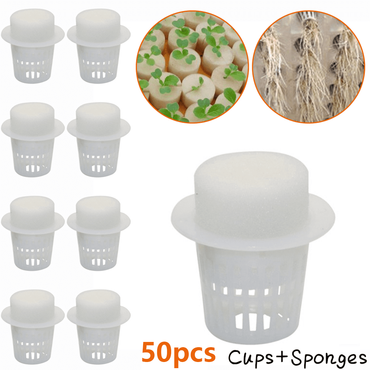 50PCS Plant Net Cup & 50PCS Cylinders Sponge for Hydroponic Plant Starting