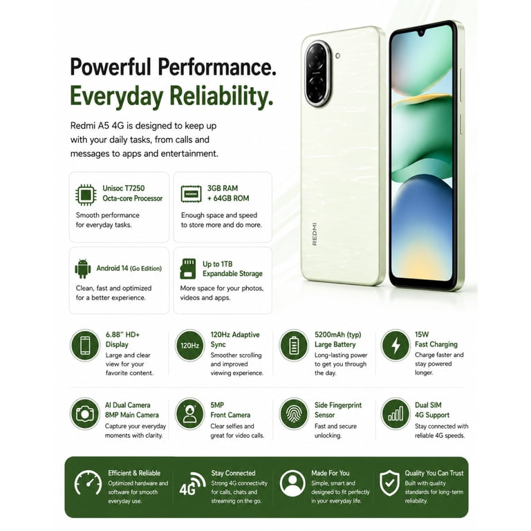 Xiaomi Redmi A5 4G 64GB ROM 3GB RAM Dual SIM GSM Unlocked - Green