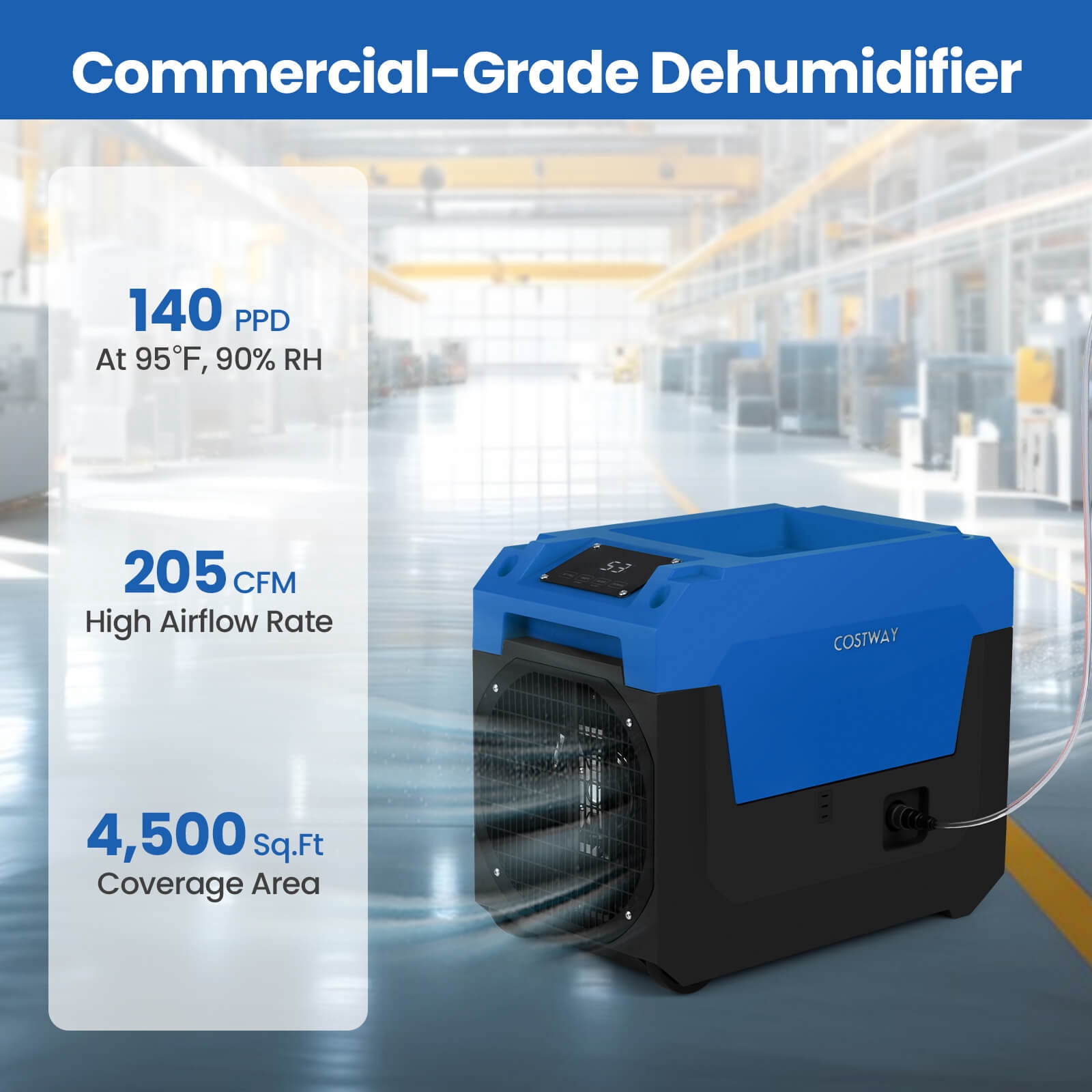 Costway 50-Pint(DOE) Commercial Dehumidifier with Pump, Drain Hose for Basements, Job Sites 4500 Sq. ft Coverage Area Blue
