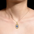 thumbnail image 3 of RYLOS Matching Set 14K Yellow Gold Floral Pattern Halo Pendant Necklace & Ring. Gemstone & Diamonds, 18" Chain. 6X4MM Blue Star Sapphire September Birthstone; Size 10, 3 of 9