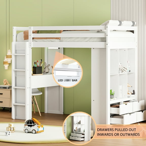 Twin Size Loft Bed In White - Shelves, Desk, Led For Space Saving Elegant , Desk