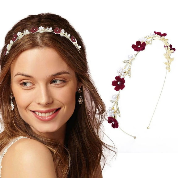 Red Flower Headbands Pearl Floral Hairbands Rhinestone Thin Head Bands for Women and Bride