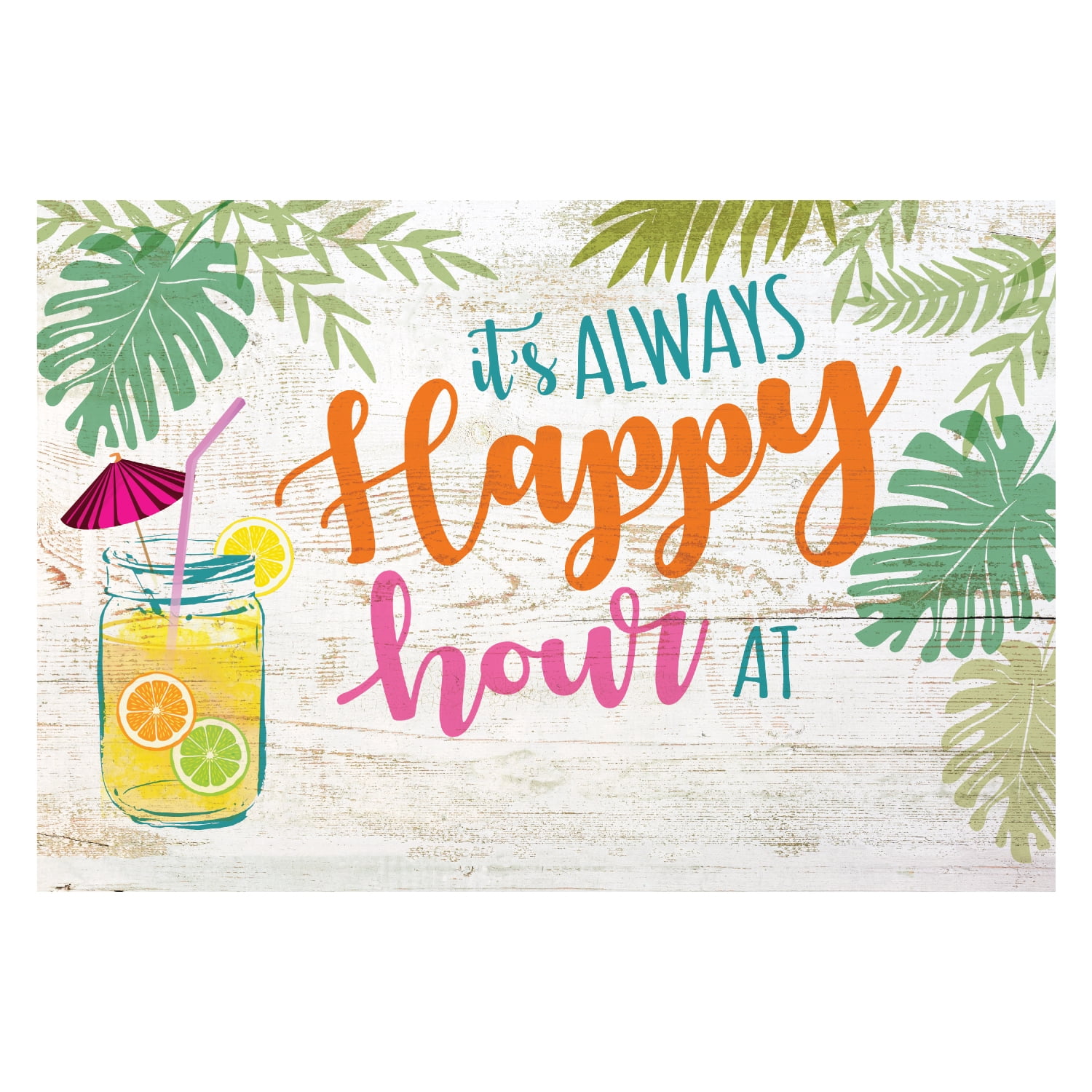 Personalized Planet 27x18 It's Always Happy Hour Doormat with Custom Family Name Printed on Colorful Rectangular 1/8” Thick Non Slip Mat for Kitchen Hallway Deck or Porch
