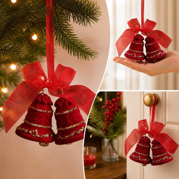 Tyidzon Red Flocked Christmas Bells, Xmas Tree Hanging Ornaments with Bow for Indoor Home Fireplace Holiday Party