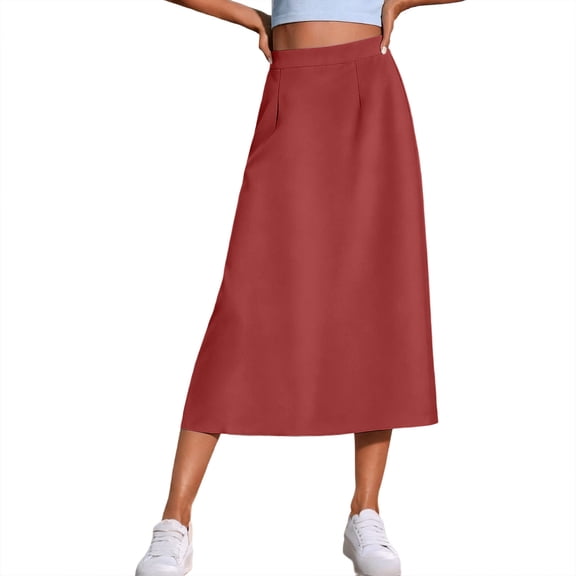 Npasoilc High Waist A-Line Skirt for Women Summer Solid Color Side Split Elastic Waist Casual Midi Skirt With Pockets