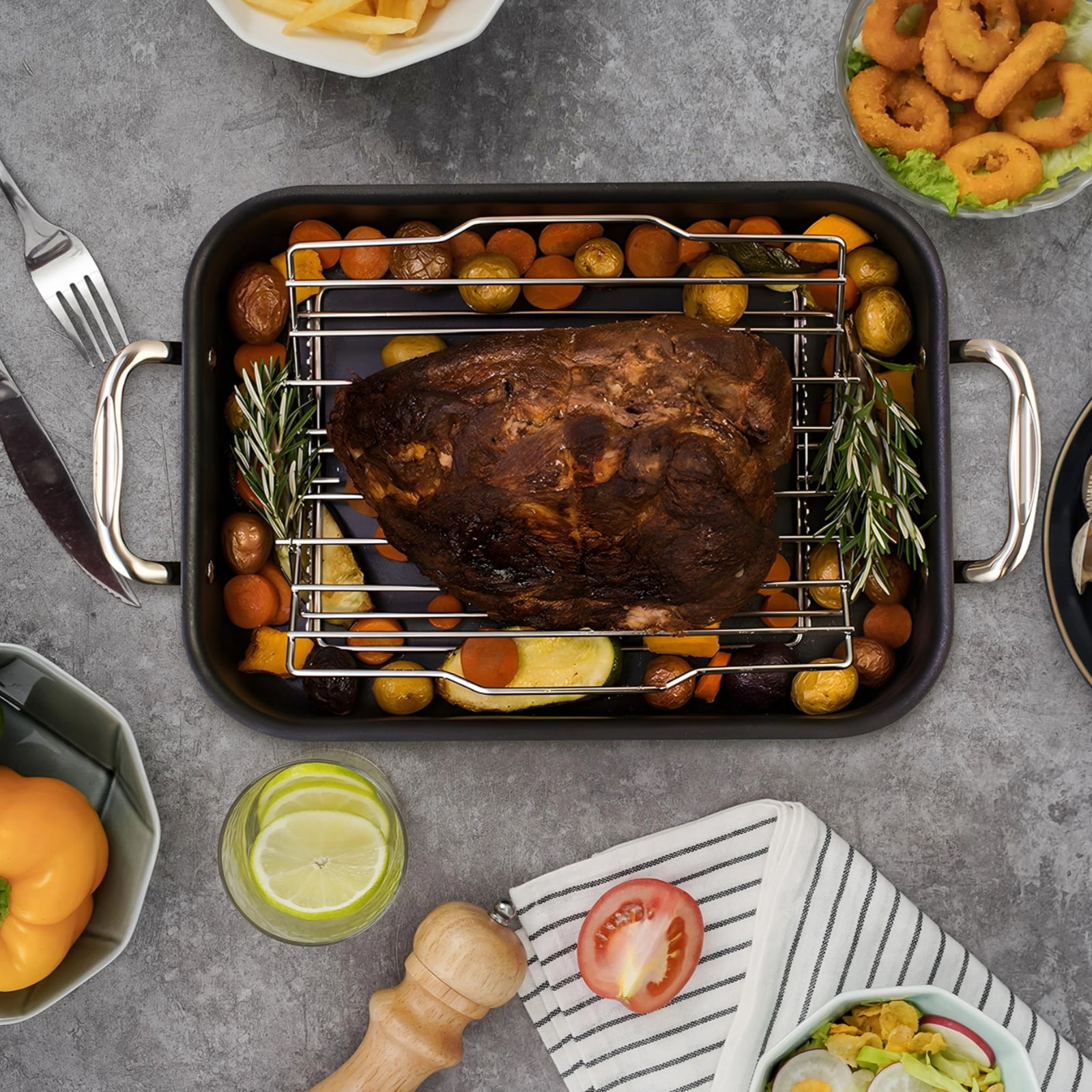 Stainless Steel Turkey Roasting Rack, Foldable V Rack for Oven Cooking and Grilling, Compact Turkey Roaster with Handles for Chicken, Meat, Vegetables, BBQ and Holiday Roasts