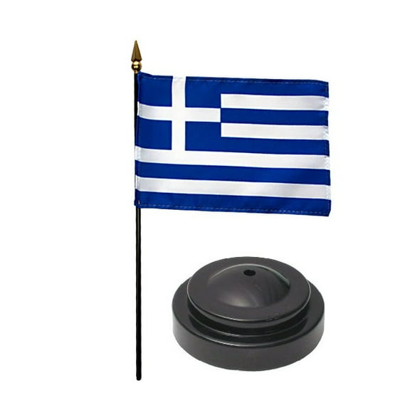 Greece Desk Flag with Base; American Made Rayon 4x6 inch Miniature Table Set Includes One Small Mini Country Stick Flags and One Black Stand (Greece Desk Flag and Base)