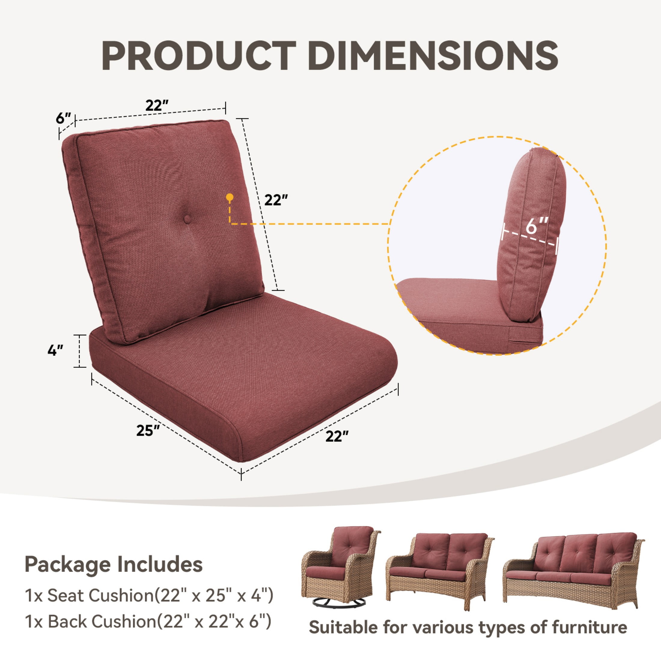 Unnifurnzi Outdoor Deep Seat Cushions-22 x 25 x 4 Inch Outdoor Furniture Cushion with Water Resistant & Removable Cover Outdoor Chair Cushion for Patio Furniture Sofa Couch-Red