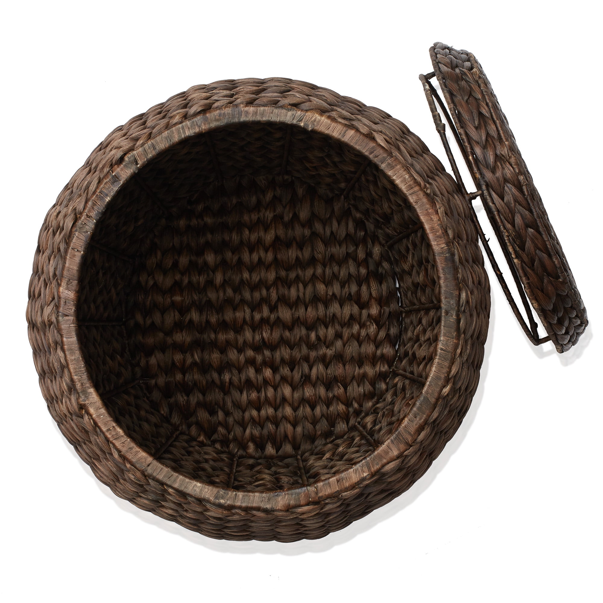 Casafield Round Storage Basket with Lid, Espresso Dark Brown - Handwoven Water Hyacinth Hamper Organizer for Laundry, Blankets, Plants