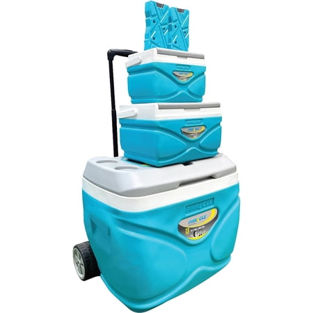 Condition photo showing Good Condition for pinnacle cooler with wheels – practical set of 30l cooler with wheels and handle – includes smaller 11l and 4.5l camping coolers and 2 ice bricks – cup holder and sitting lid – extended cooling time