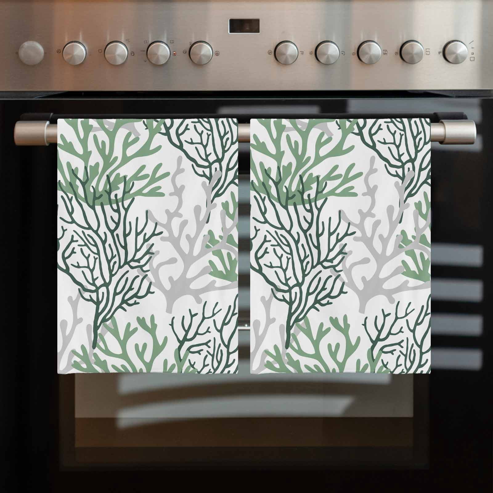 Sage Green Gray Coral Coastal 1 Pack Kitchen Towel, Water Absorbent Dish Towel, Summer Beach Seaside Nautical Decorative Hand Towels - Quick Drying Cloth for Cooking Baking, 18x28 Inch