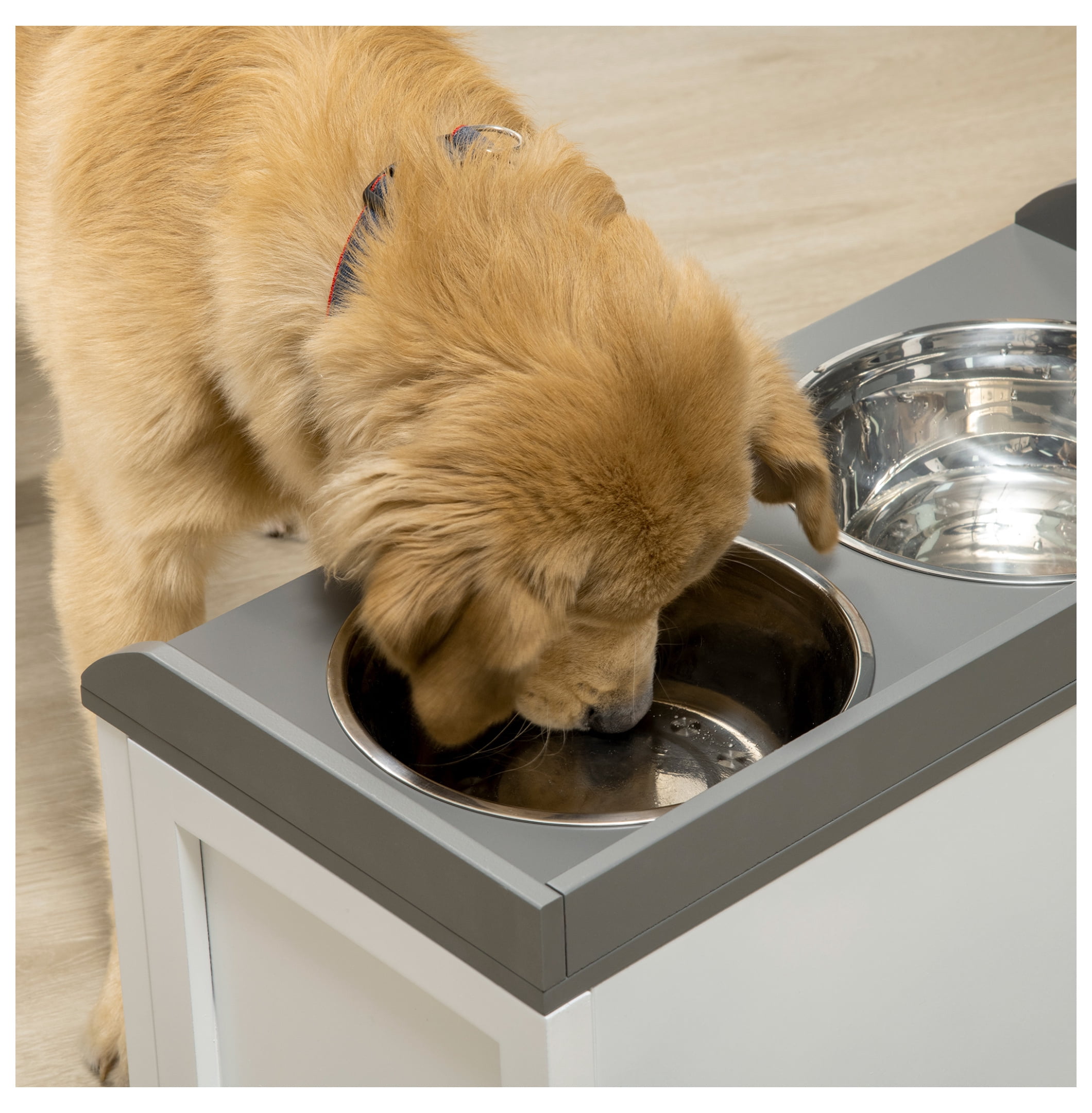 Dog Feeding Station with Storage, Elevated Bowls for Large Dogs - White Pet Feeder with Drawer & Cabinet