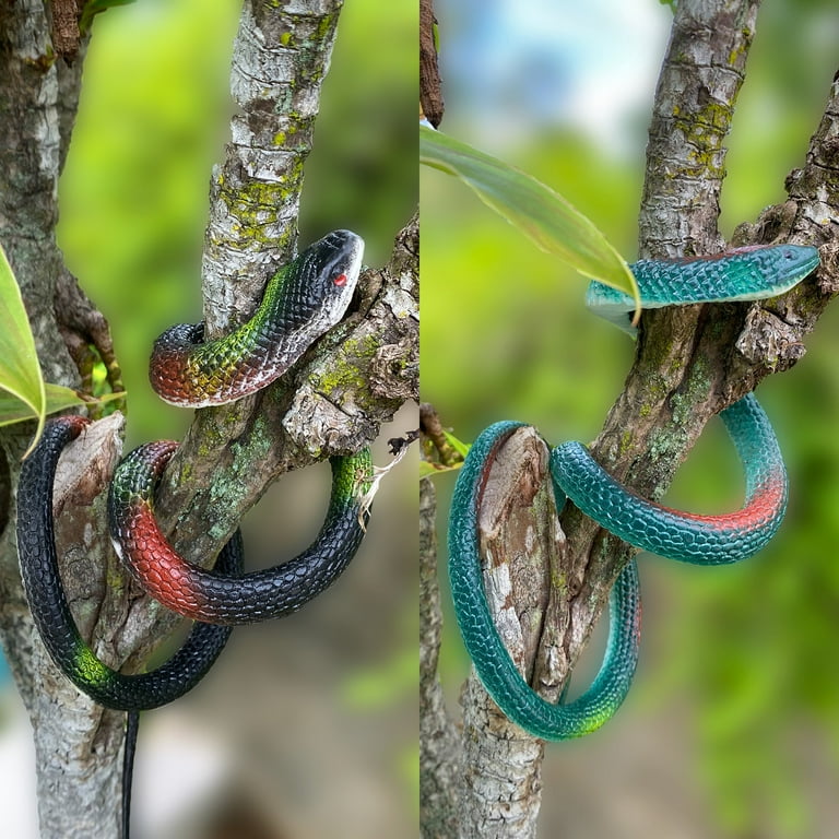 2 Pieces Realistic Rubber Snakes Fake Snakes 29 Inch Long Green Black Snake Toys as Garden Props to Scare Birds 29 Inch 2pc