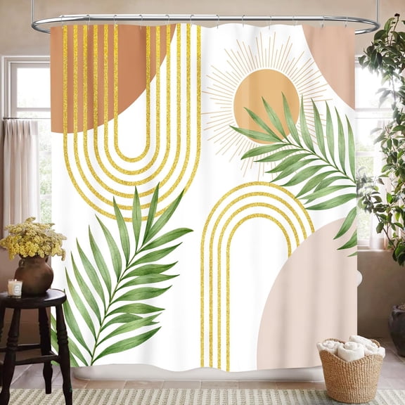 Boho Abstract Sun And Palm Leaves Shower Curtain Gold Line Geometric Bathroom Decor Fabric Water Resistant 71x71 inches