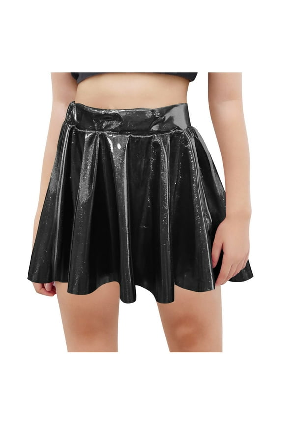 Girls Metallic Skater Skirt Sparkly Shiny Flared Pleated A-Line Mini Skirt
