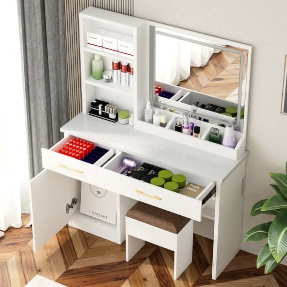 32'' Wide Makeup Vanity Desk with Lighted Mirror and Power Outlet, Dressing Table with Large Storage Space and Cushioned Stool for Bedroom & Studio