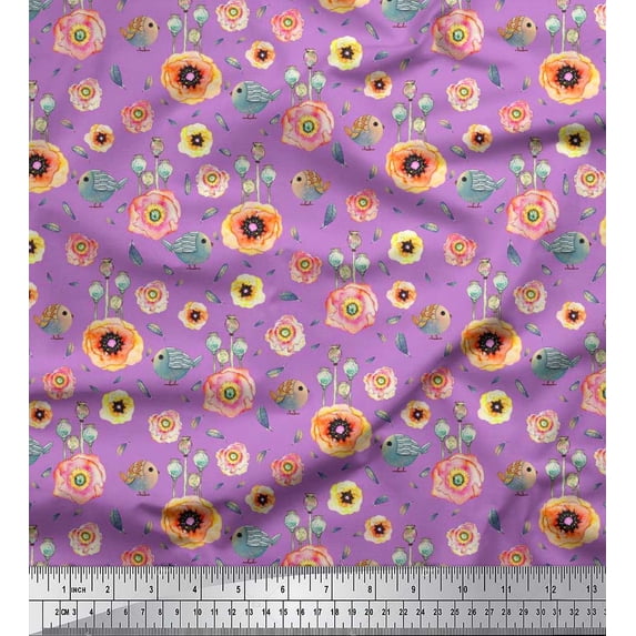 Soimoi Rayon Fabric Leaves,Bird & Anemone Floral Printed Fabric 1 Yard 56 Inch Wide