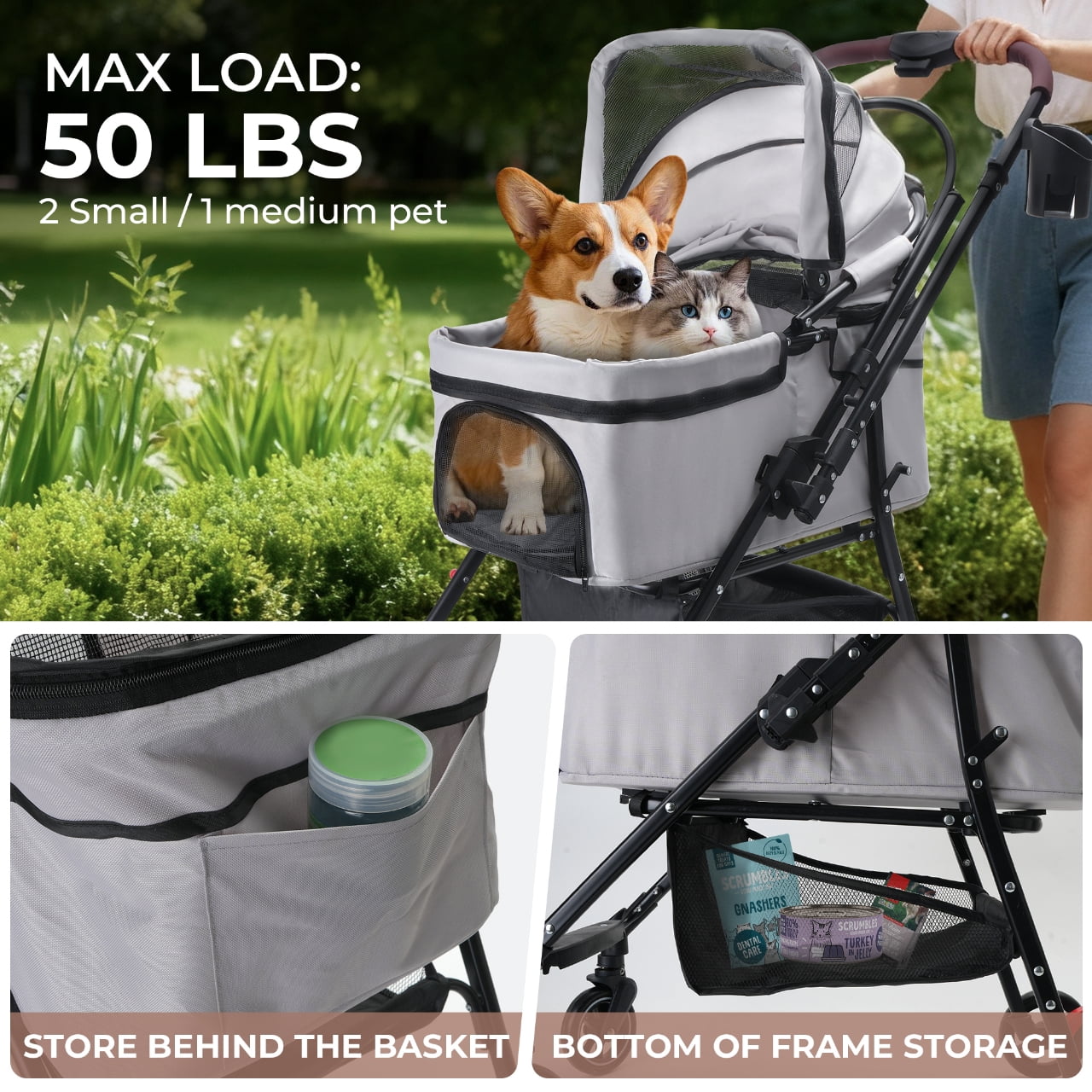 Foldable Pet Stroller with 360-Degree Rotating Wheels and Adjustable Canopy, Dog and Cat Travel Carrier with Storage Basket, Grey