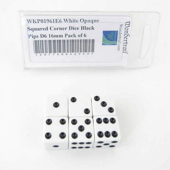 White Opaque Squared Corner Dice Black Pips D6 16mm (5/8in) Pack of 6 Wondertrail