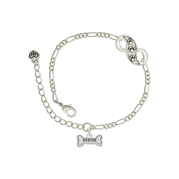 Delight Jewelry Silvertone Mini ''Rescue'' Dog Bone Silver-tone Paw Infinity Link Chain Bracelet, 6" 2" Extender