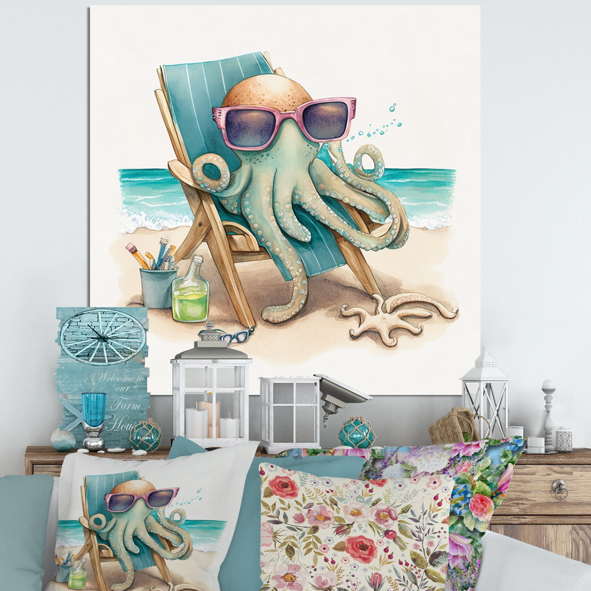 Designart Octopus On The Beach II Canvas Wall Art
