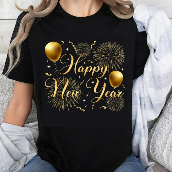 100% Cotton Happy New Year Gold Balloons Fireworks Celebration T-Shirt For Women Men Unisex Party Shirt Christmas Holiday Gift Top