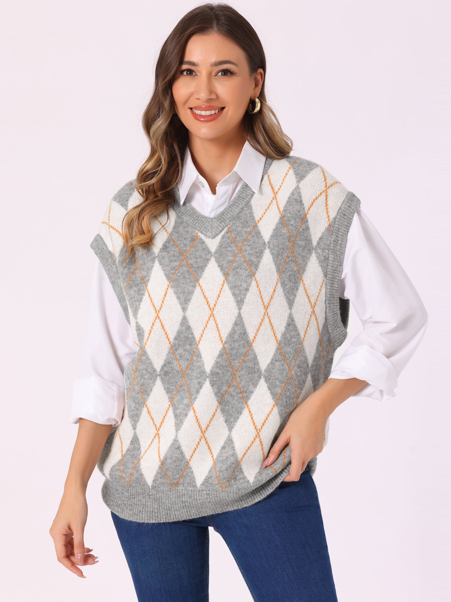 DARING DIVA Plus Size Contrast Color Sweater Vest Knit Pullover M Grey